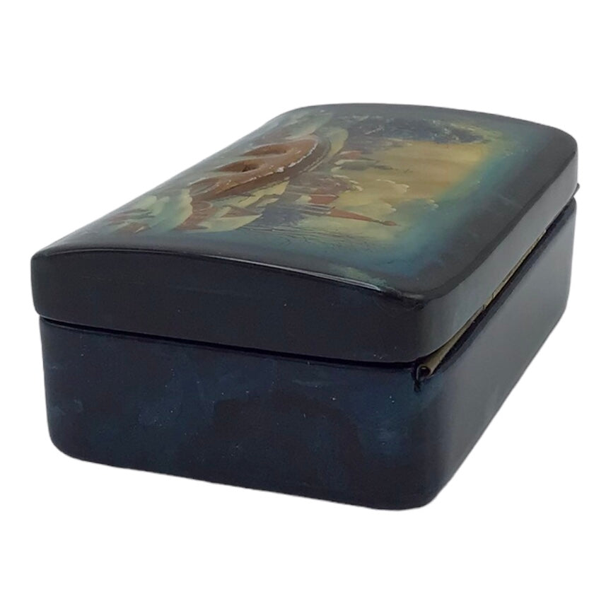 Russian Lacquered Papier-Mache Box with Lid with Painted Scenes Over Shell Inlay, Red Lacquered Interior Artist Signed