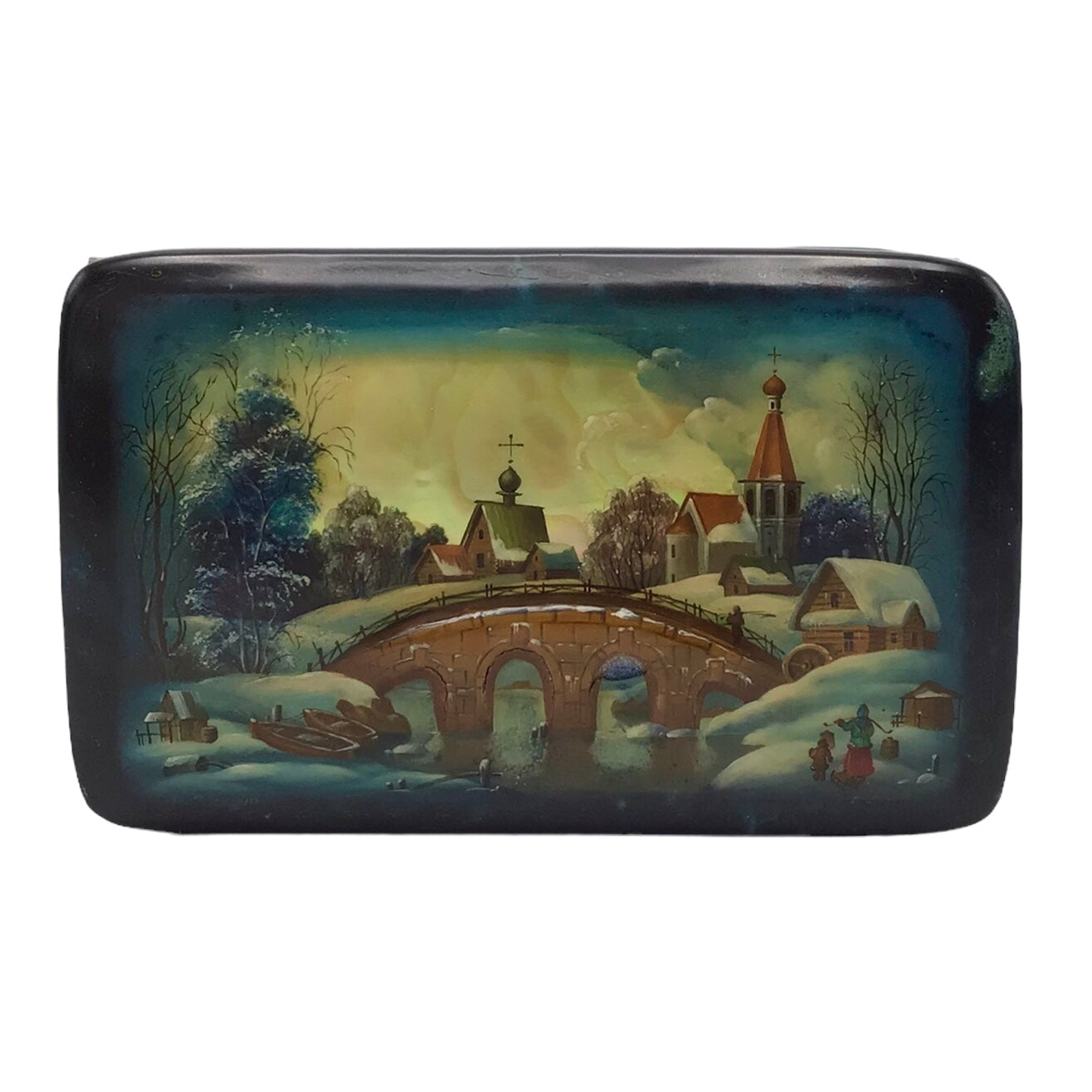 Russian Lacquered Papier-Mache Box with Lid with Painted Scenes Over Shell Inlay, Red Lacquered Interior Artist Signed