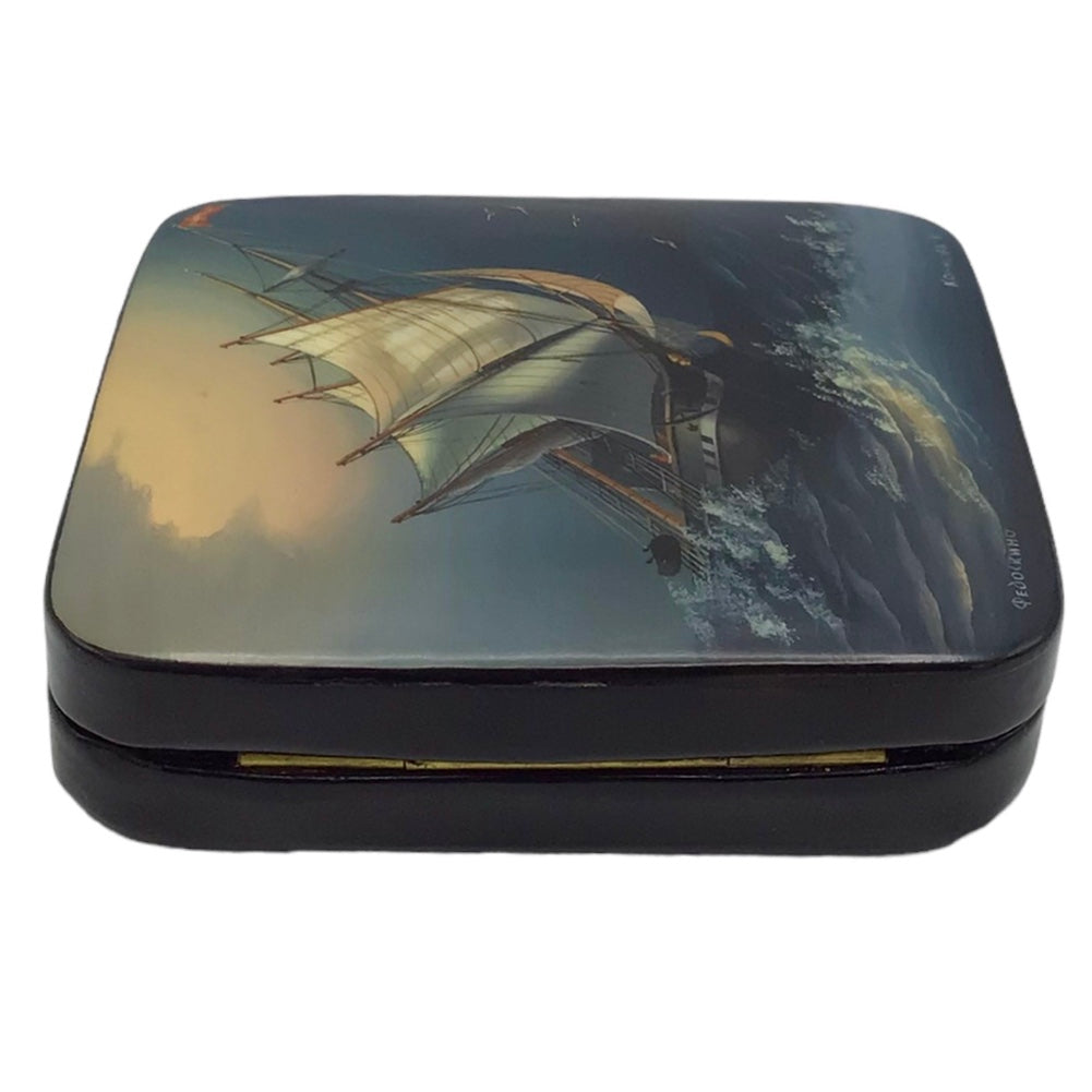 Russian Lacquered Papier-Mache Box with Lid with Painted Scenes Signed Konnova I Fedoskino