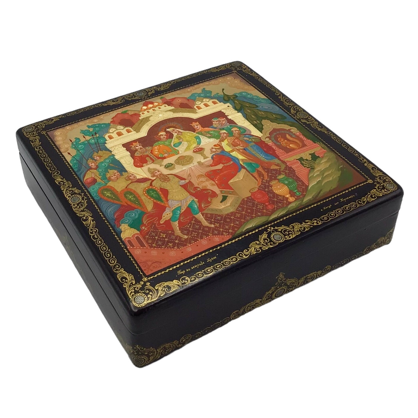 Russian Lacquered and Painted Papier-Mache Box, Depicting a Scene from the Folk Tale "The Tale of Tsar Saltan" - Feast on Buyan Island