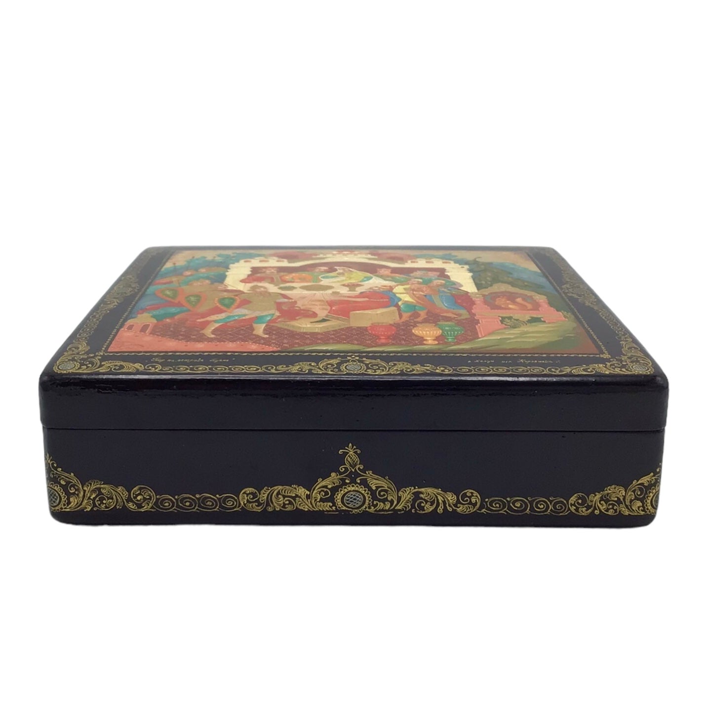 Russian Lacquered and Painted Papier-Mache Box, Depicting a Scene from the Folk Tale "The Tale of Tsar Saltan" - Feast on Buyan Island