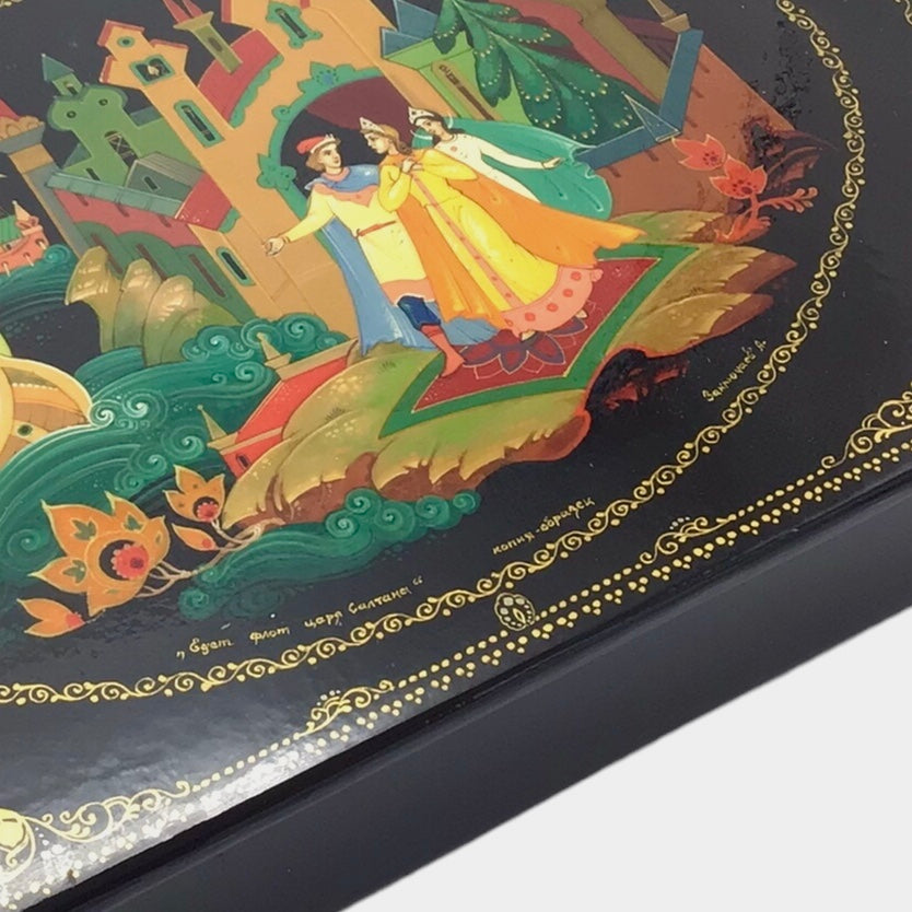 Russian Lacquered and Painted Papier-Mache Box, Depicting a Scene from the Folk Tale "The Tale of Tsar Saltan " - The Fleet of Tsar Saltan