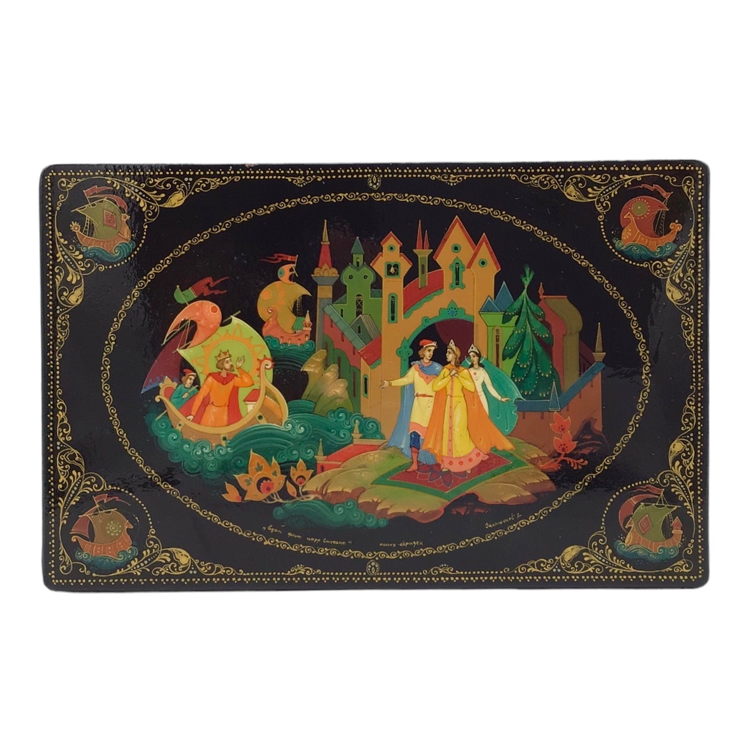 Russian Lacquered and Painted Papier-Mache Box, Depicting a Scene from the Folk Tale "The Tale of Tsar Saltan " - The Fleet of Tsar Saltan