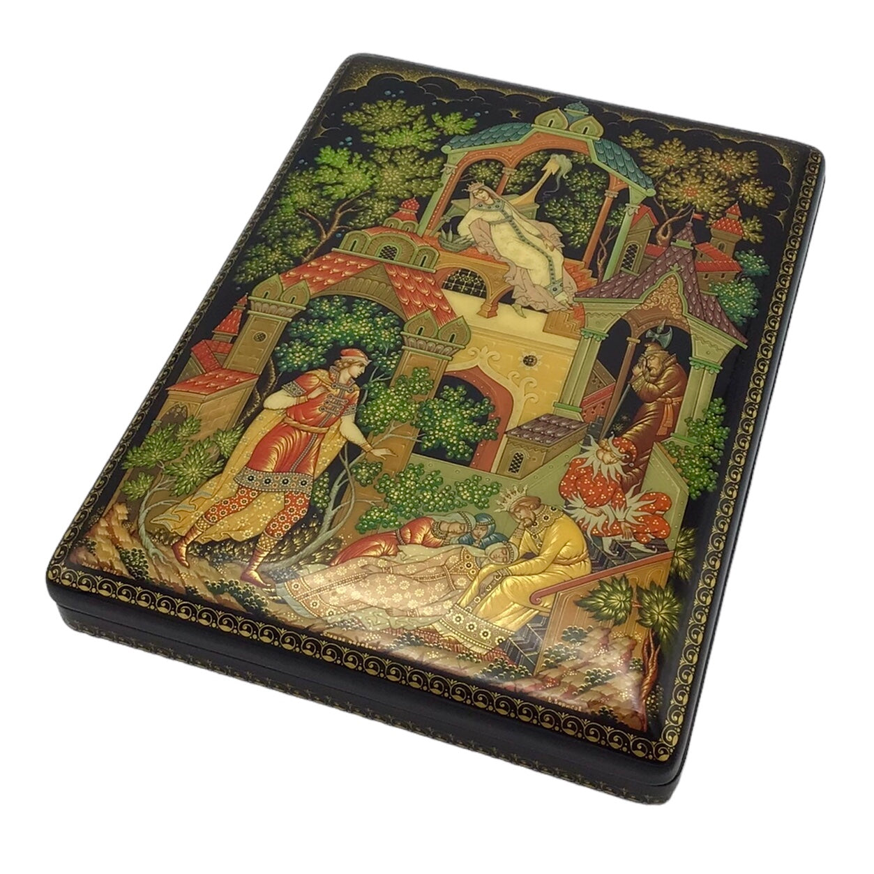 Russian Lacquered and Painted Papier-Mache Box - The Tale of the Dead Princess and the Seven Knights - Stolyarova