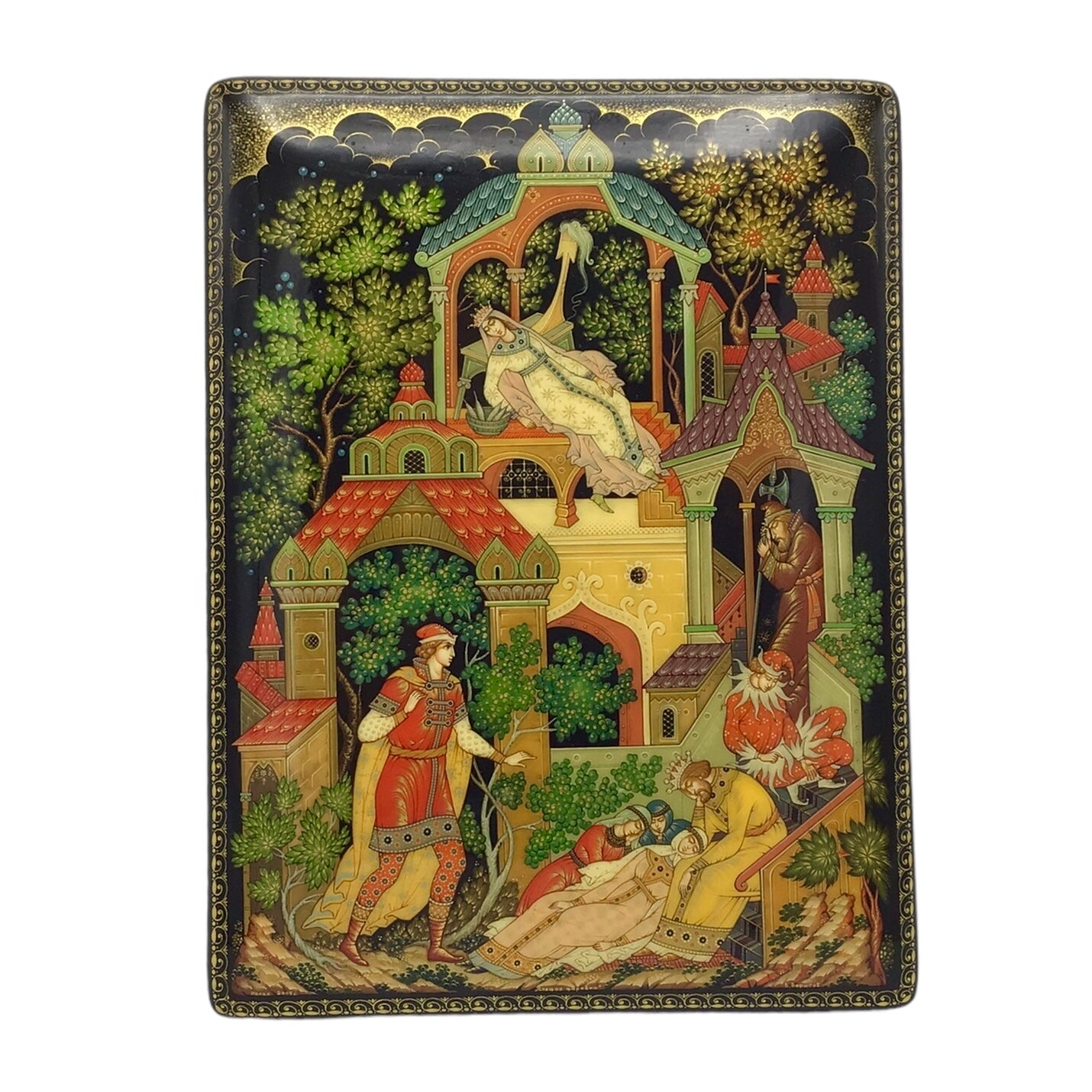 Russian Lacquered and Painted Papier-Mache Box - The Tale of the Dead Princess and the Seven Knights - Stolyarova