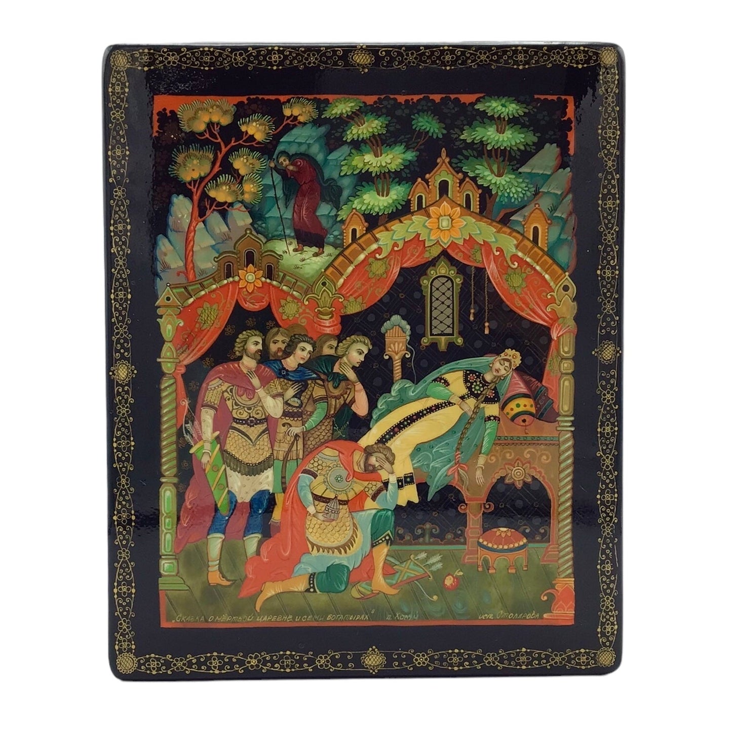 Russian Lacquered and Painted Papier-Mache Box - The Tale of the Dead Princess and the Seven Knights - Stolyarova