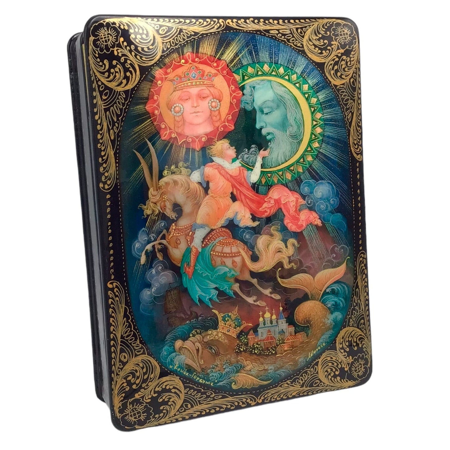 Russian Lacquered and Painted Papier-Mache Fairy Tale Box The Little Humpbacked Horse - Mikheev