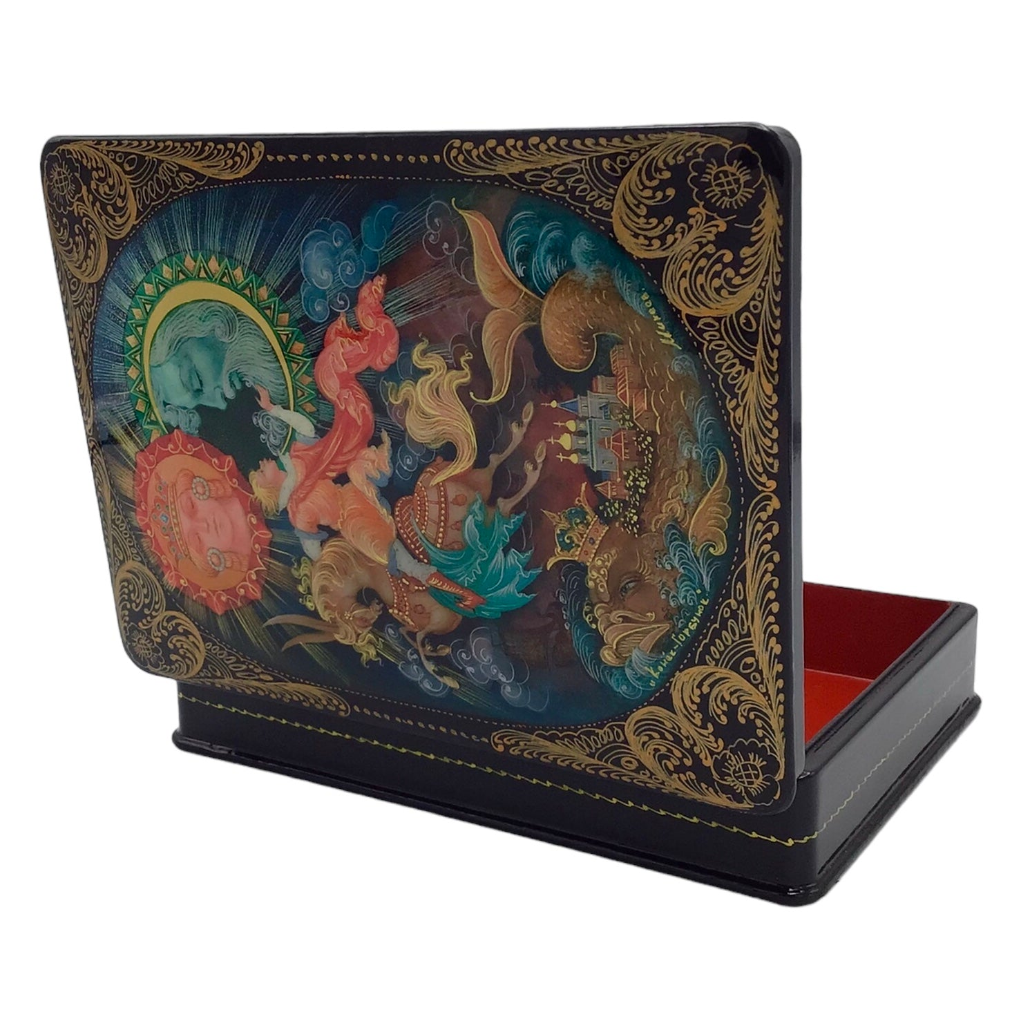 Russian Lacquered and Painted Papier-Mache Fairy Tale Box The Little Humpbacked Horse - Mikheev