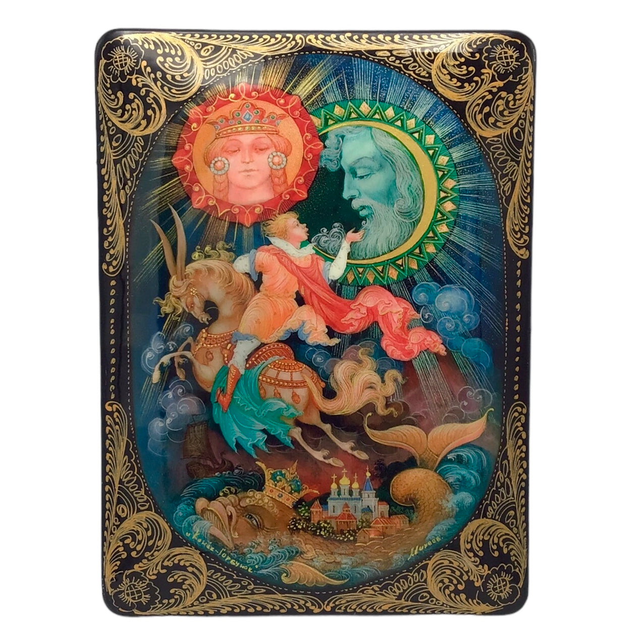 Russian Lacquered and Painted Papier-Mache Fairy Tale Box The Little Humpbacked Horse - Mikheev