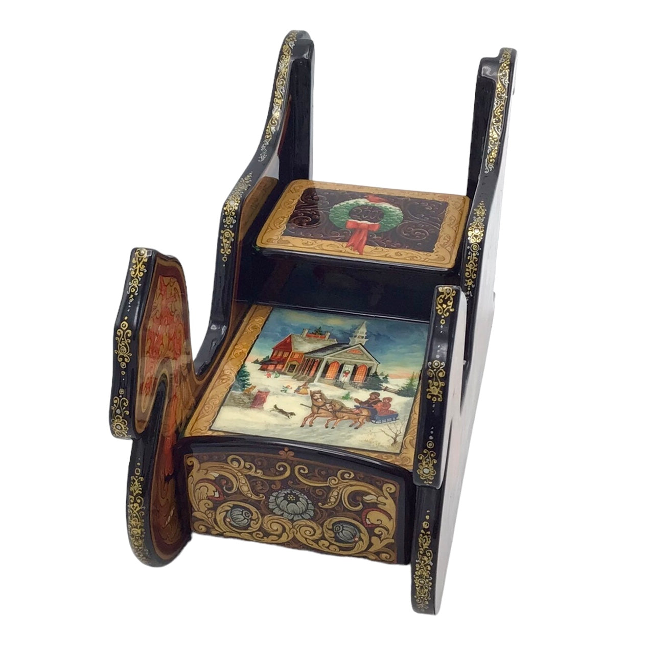 Russian Lacquered and Painted Papier-Mache Fairy Tale Sleigh-Form Box Dated 2000