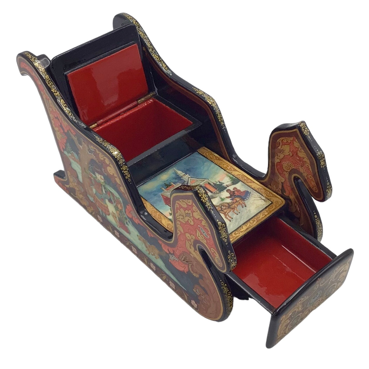 Russian Lacquered and Painted Papier-Mache Fairy Tale Sleigh-Form Box Dated 2000