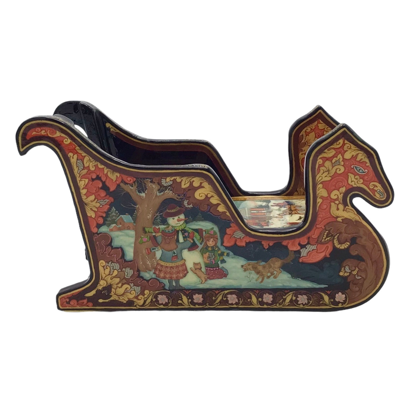 Russian Lacquered and Painted Papier-Mache Fairy Tale Sleigh-Form Box Dated 2000