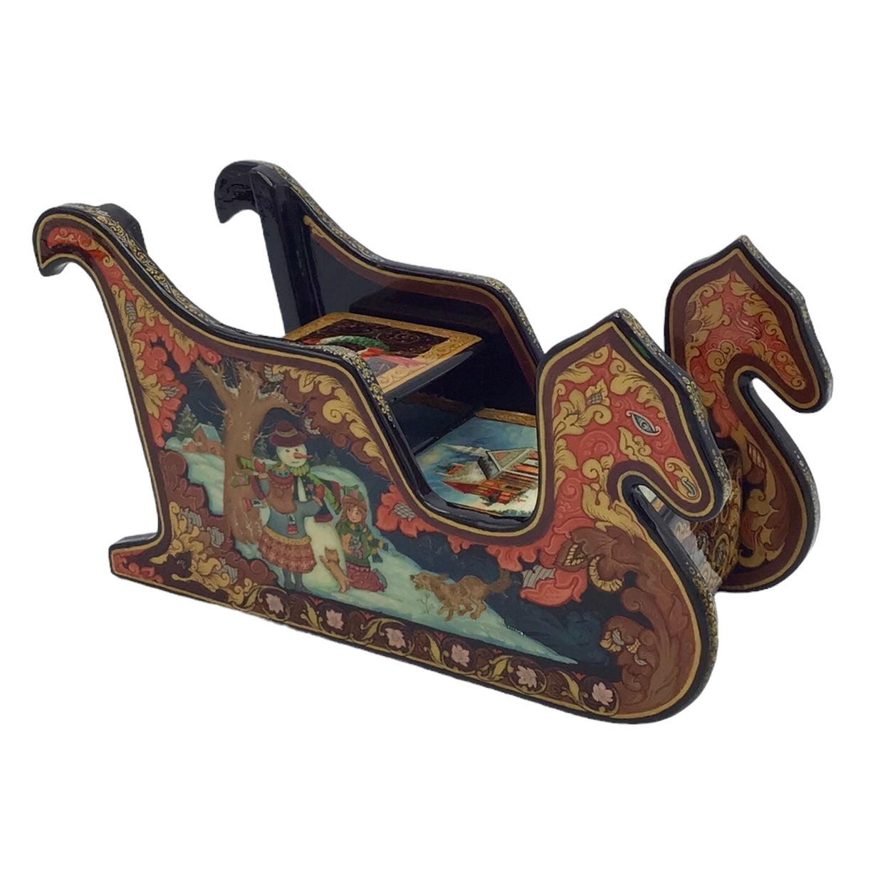 Russian Lacquered and Painted Papier-Mache Fairy Tale Sleigh-Form Box Dated 2000