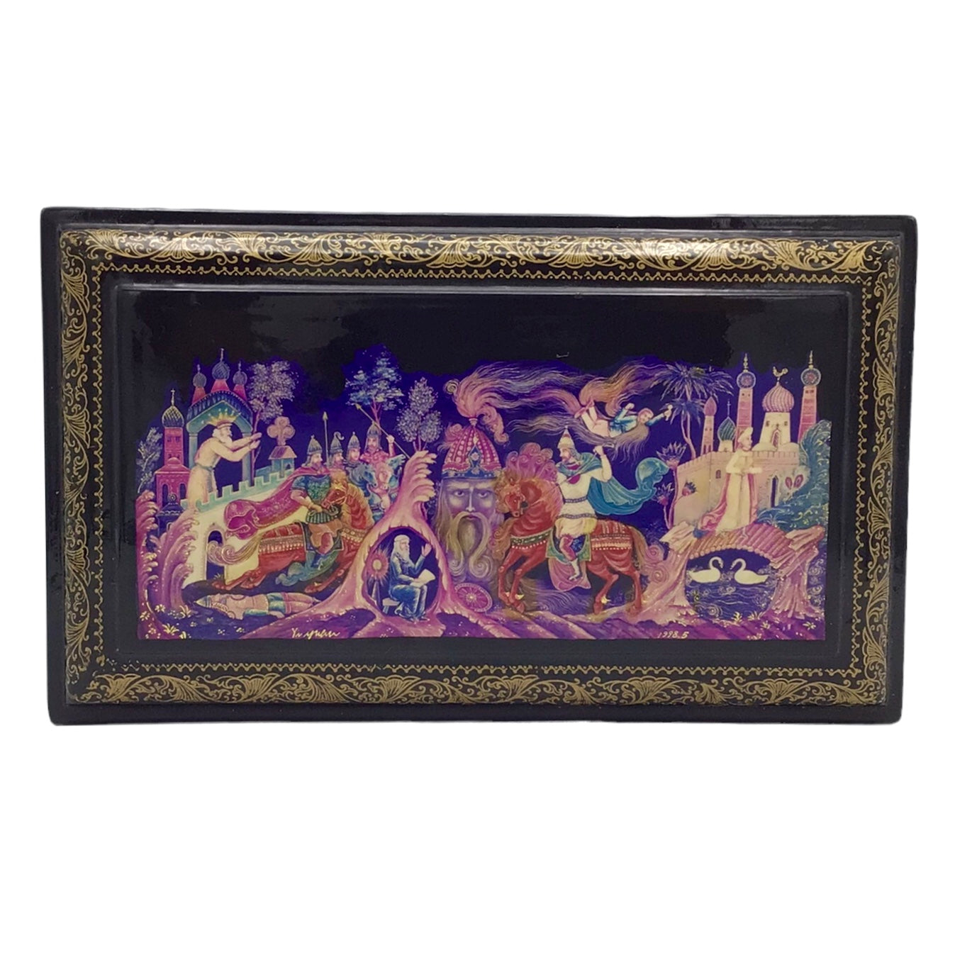 Russian Lacquered and Painted Papier-Mache Fairy Tale Table Box Artist Signed Dated 1998