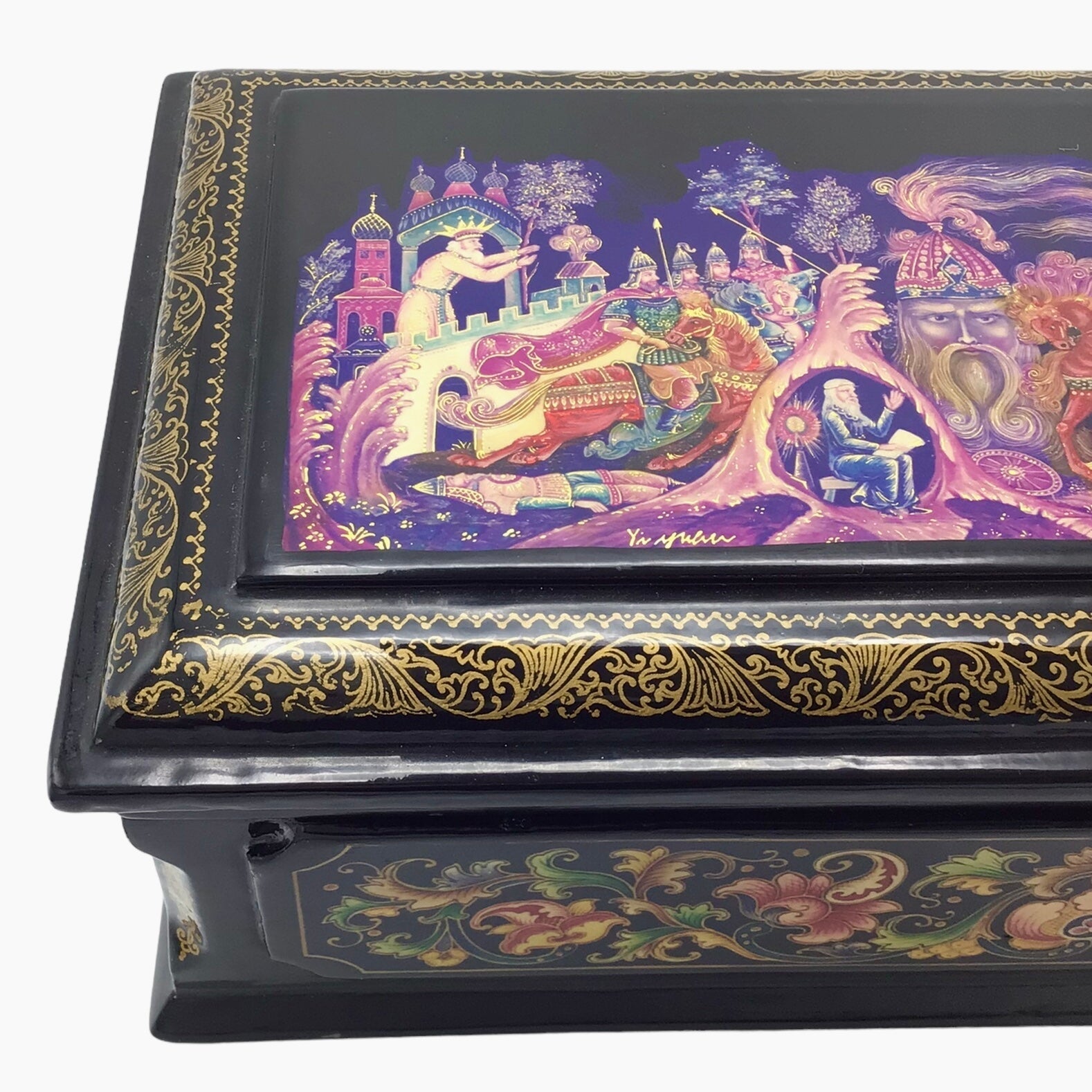 Russian Lacquered and Painted Papier-Mache Fairy Tale Table Box Artist Signed Dated 1998