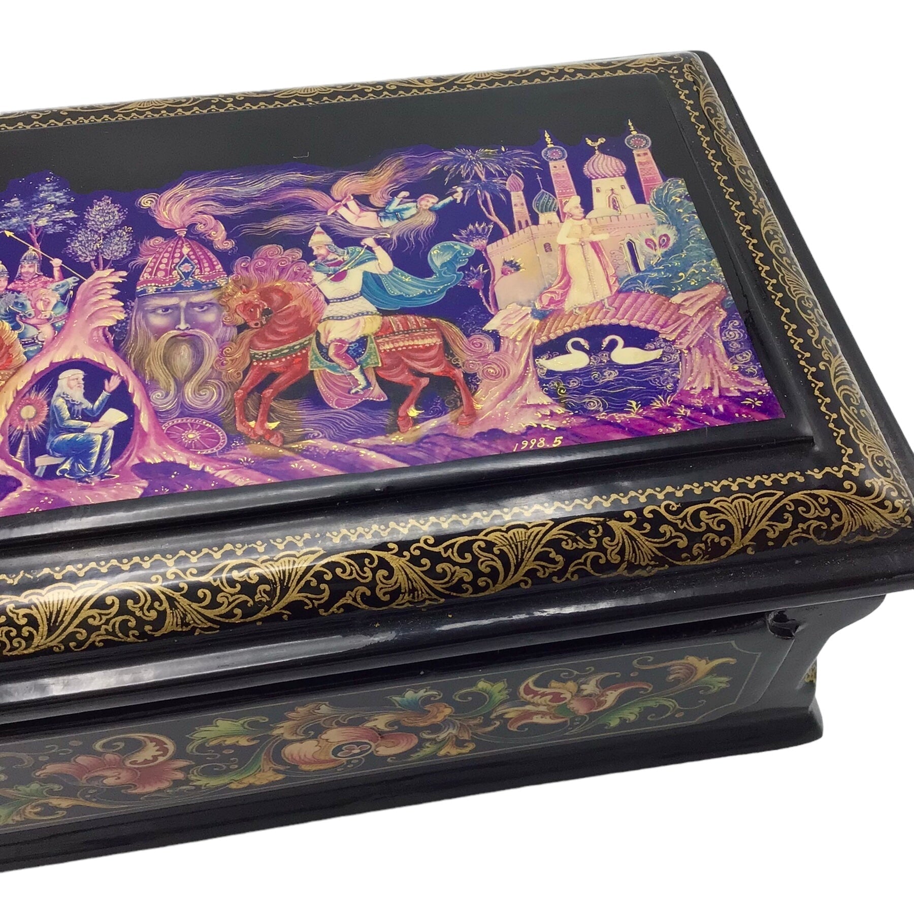 Russian Lacquered and Painted Papier-Mache Fairy Tale Table Box Artist Signed Dated 1998