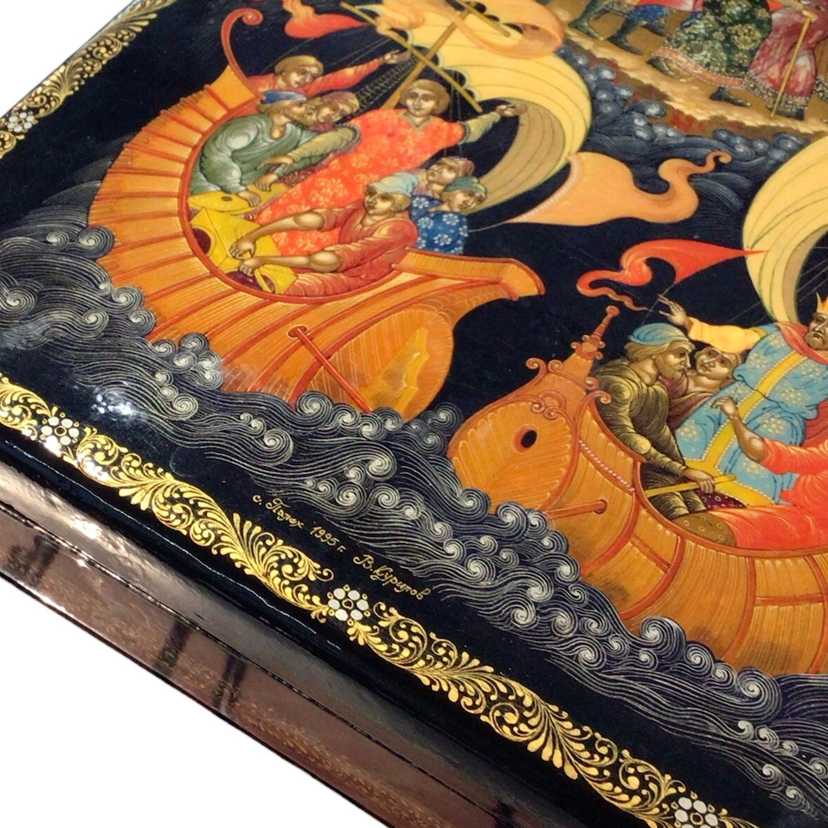 Russian Lacquered and Painted Papier-Mache Table Box, Signed Lower Right V. Kurilov