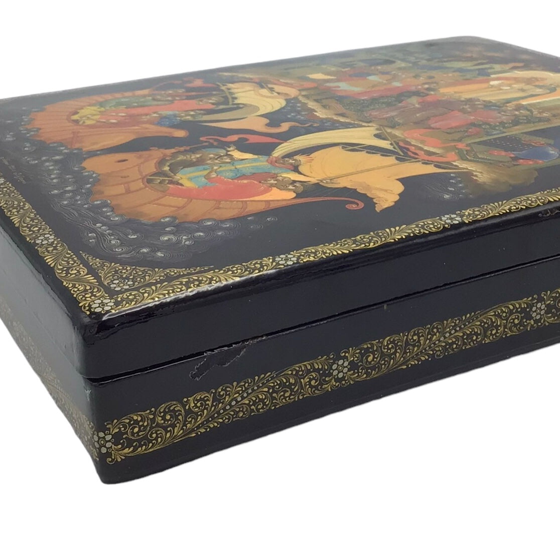 Russian Lacquered and Painted Papier-Mache Table Box, Signed Lower Right V. Kurilov