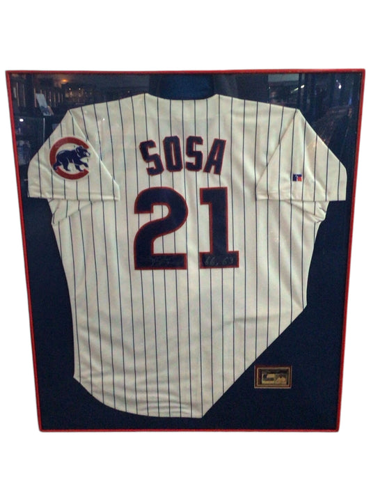 Sammy Sosa Autographed Framed Jersey w/ special Inscription notating his 66 HR Season