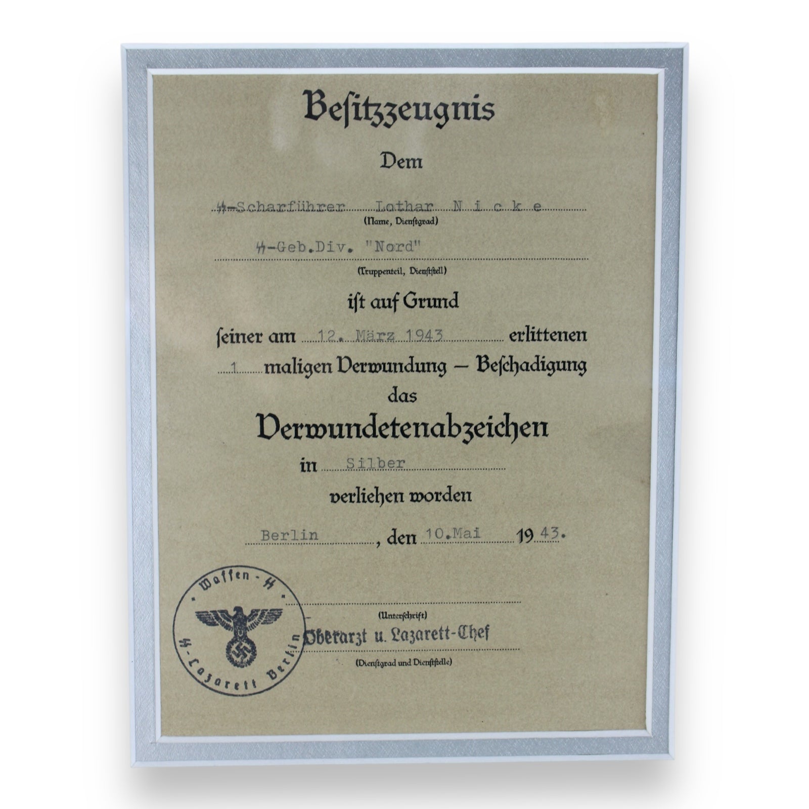 Silver Wound Badge 2nd Class with Award Doc to SS Officer Framed