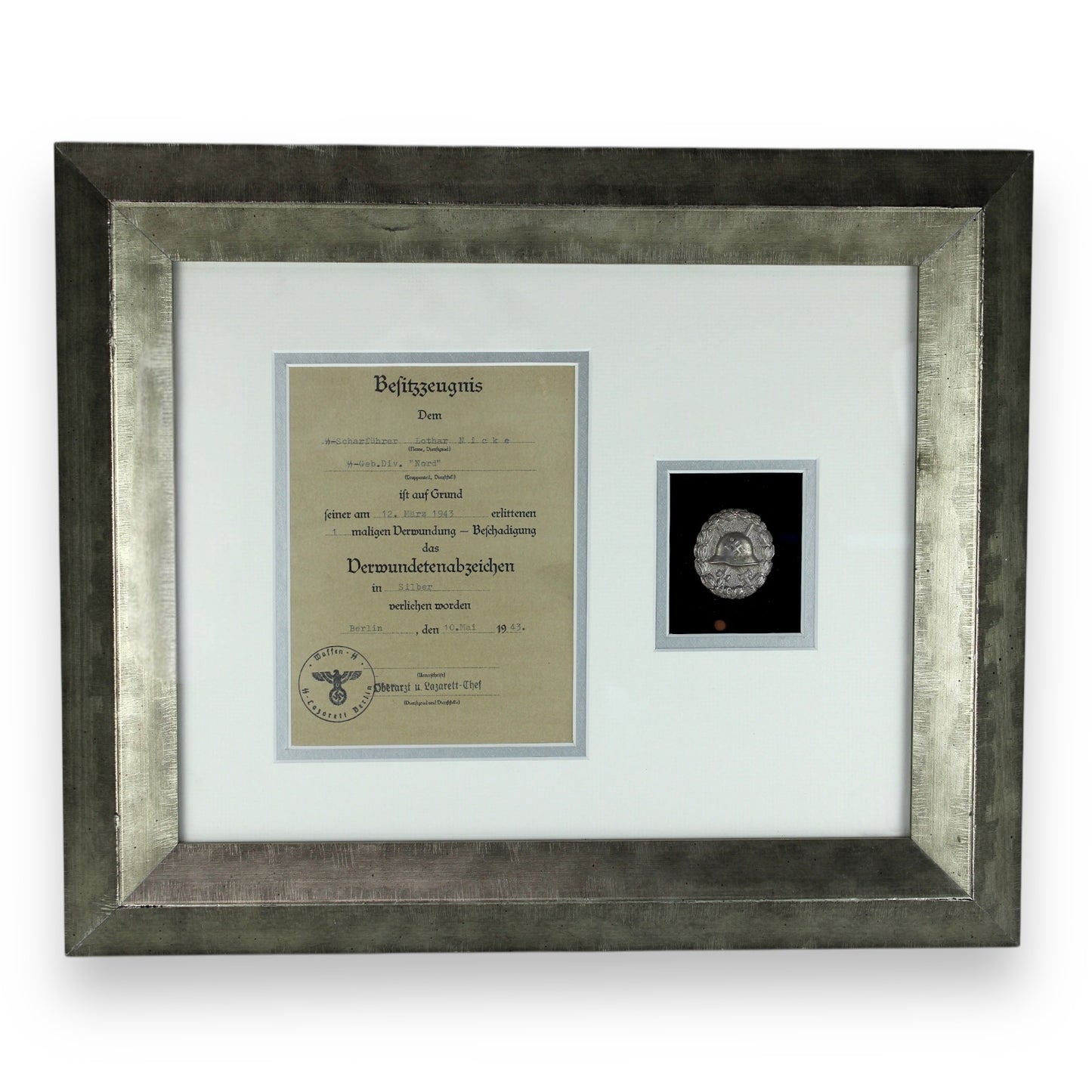 Silver Wound Badge 2nd Class with Award Doc to SS Officer Framed