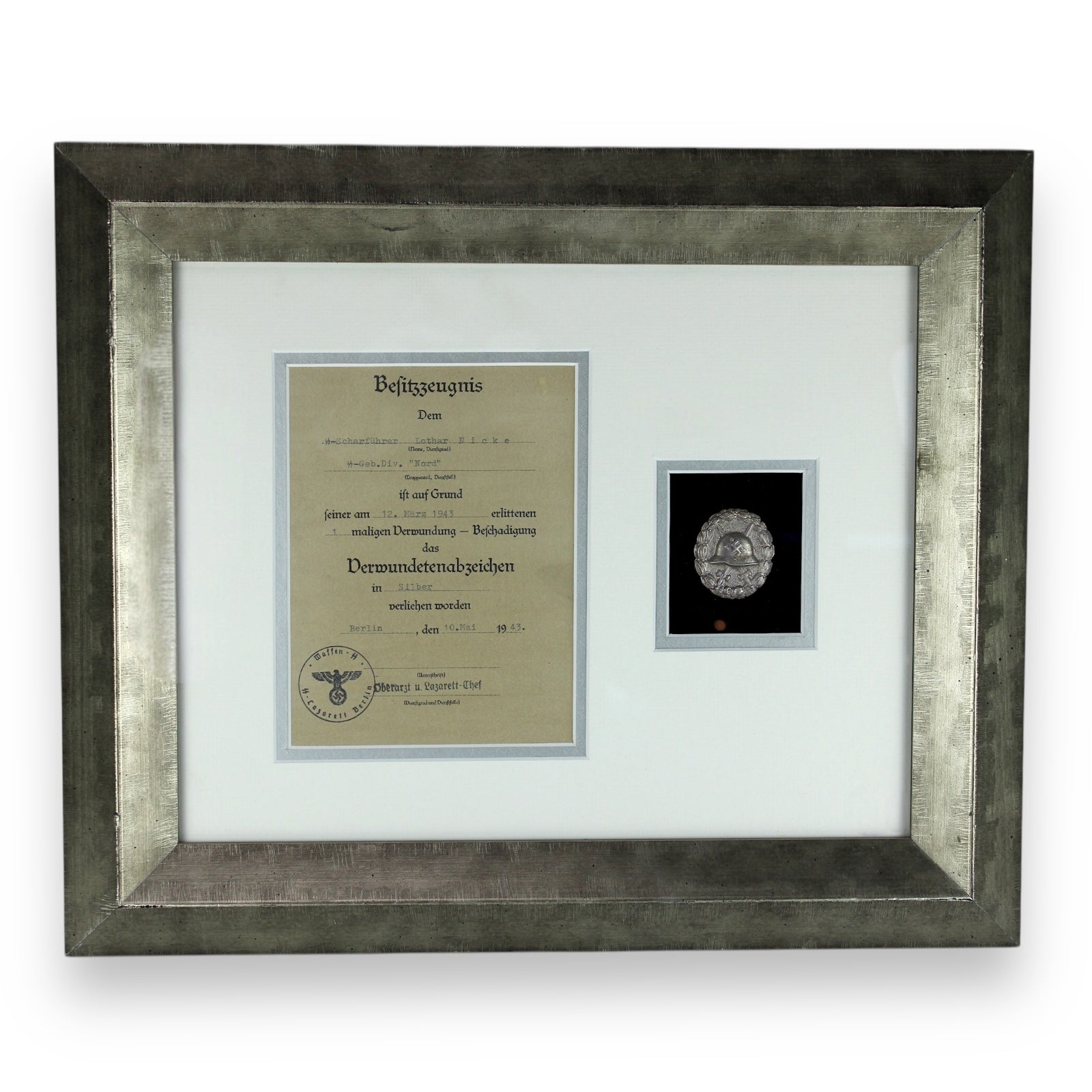 Silver Wound Badge 2nd Class with Award Doc to SS Officer Framed