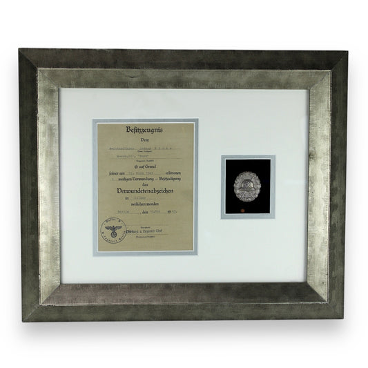 Silver Wound Badge 2nd Class with Award Doc to SS Officer Framed