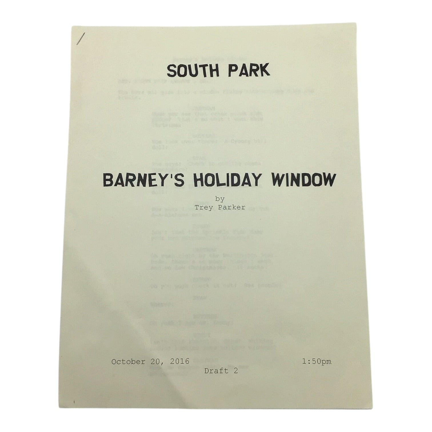 South Park Barney's Holiday Window by Trey Parker Script Draft 2