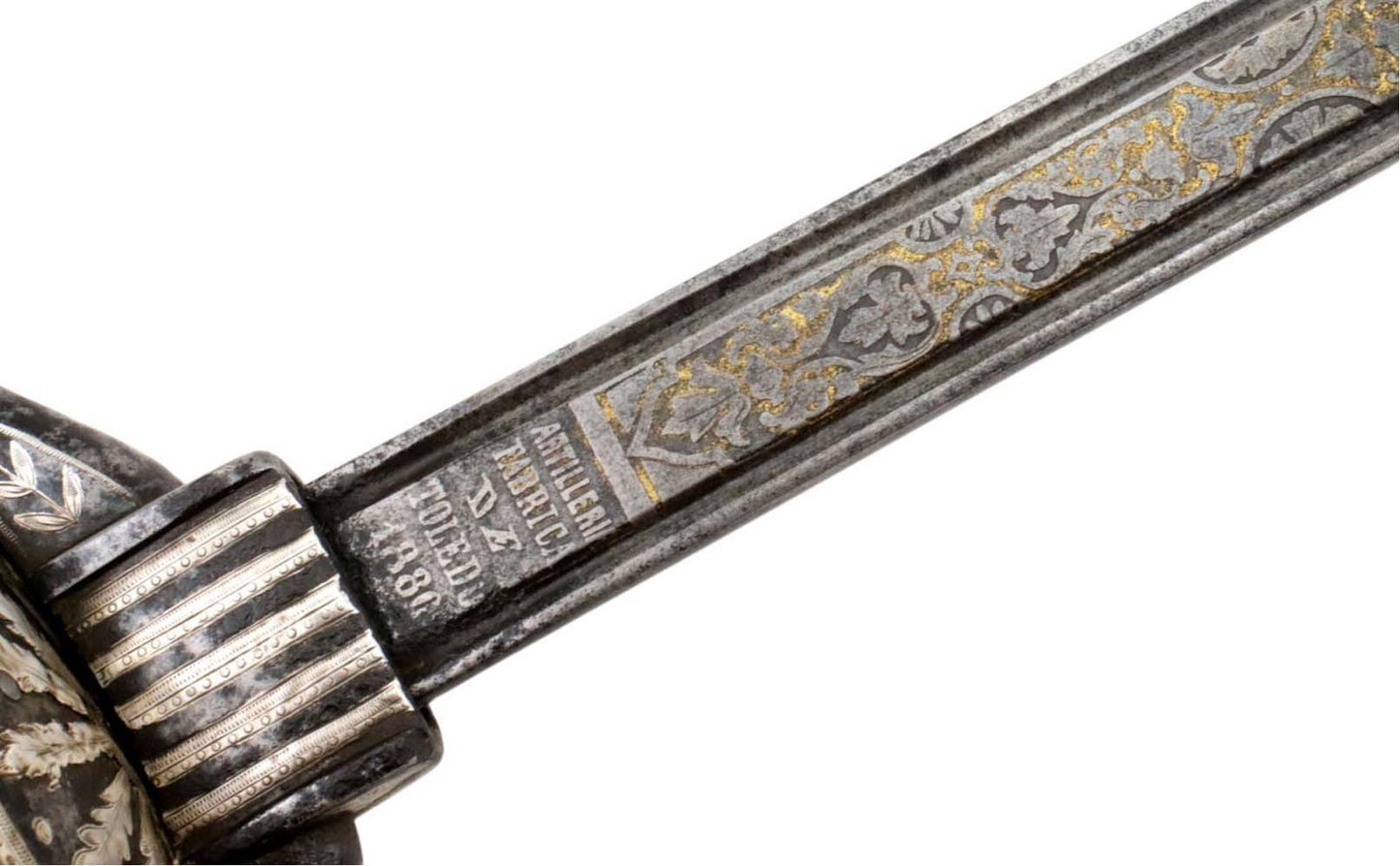 Spanish or Mexican 1880 Senior Officer's Sword with Ancestral 18th C. heavily silvered and gold overlaid Iron Hilt and Toledo Blade