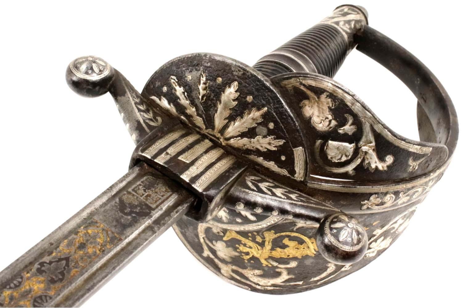 Spanish or Mexican 1880 Senior Officer's Sword with Ancestral 18th C. heavily silvered and gold overlaid Iron Hilt and Toledo Blade