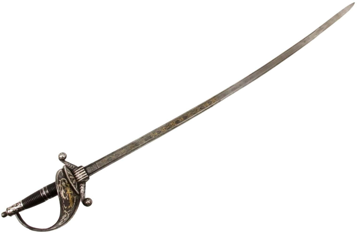 Spanish or Mexican 1880 Senior Officer's Sword with Ancestral 18th C. heavily silvered and gold overlaid Iron Hilt and Toledo Blade