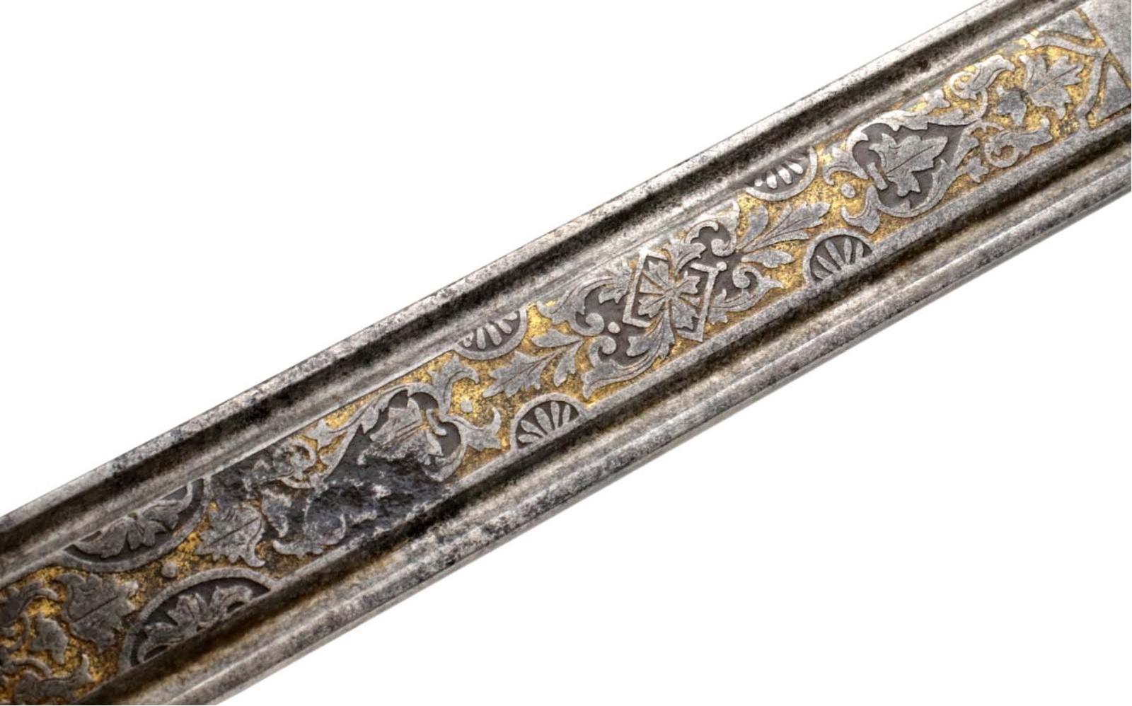 Spanish or Mexican 1880 Senior Officer's Sword with Ancestral 18th C. heavily silvered and gold overlaid Iron Hilt and Toledo Blade