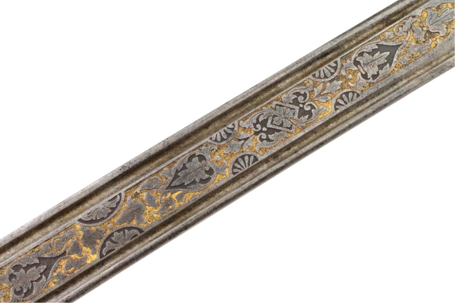 Spanish or Mexican 1880 Senior Officer's Sword with Ancestral 18th C. heavily silvered and gold overlaid Iron Hilt and Toledo Blade