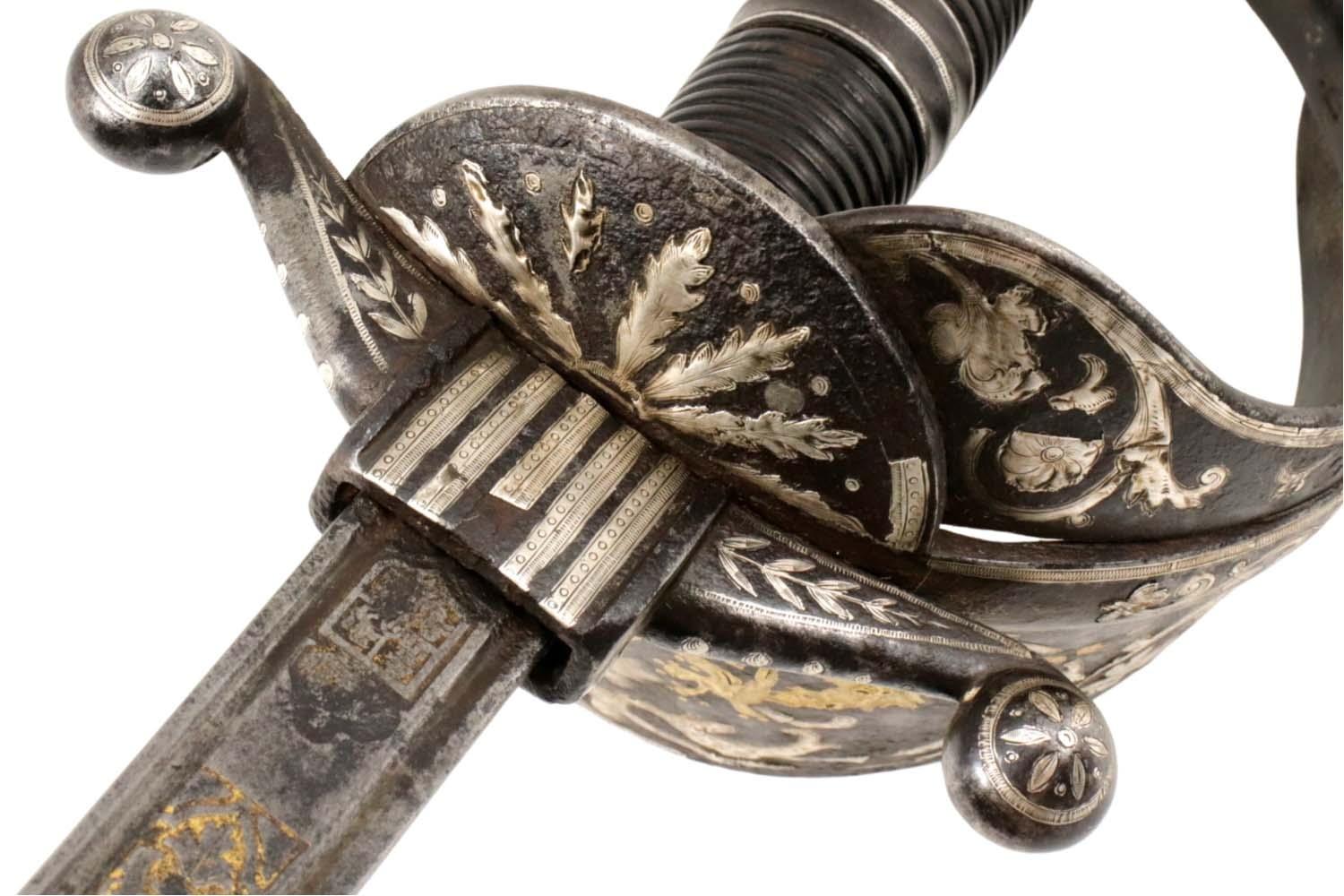 Spanish or Mexican 1880 Senior Officer's Sword with Ancestral 18th C. heavily silvered and gold overlaid Iron Hilt and Toledo Blade