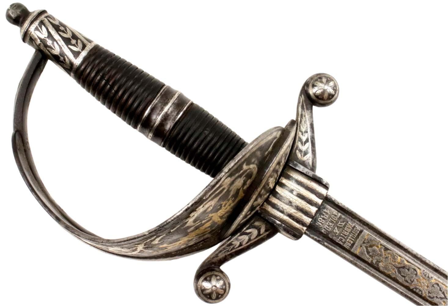 Spanish or Mexican 1880 Senior Officer's Sword with Ancestral 18th C. heavily silvered and gold overlaid Iron Hilt and Toledo Blade