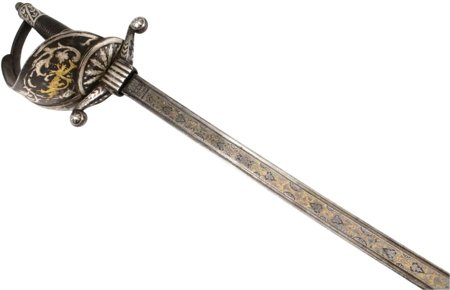 Spanish or Mexican 1880 Senior Officer's Sword with Ancestral 18th C. heavily silvered and gold overlaid Iron Hilt and Toledo Blade