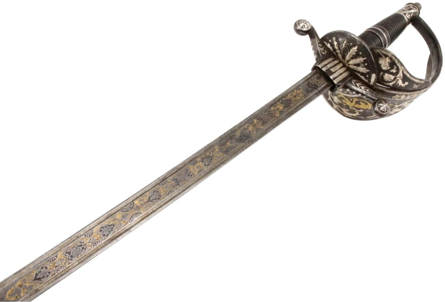 Spanish or Mexican 1880 Senior Officer's Sword with Ancestral 18th C. heavily silvered and gold overlaid Iron Hilt and Toledo Blade