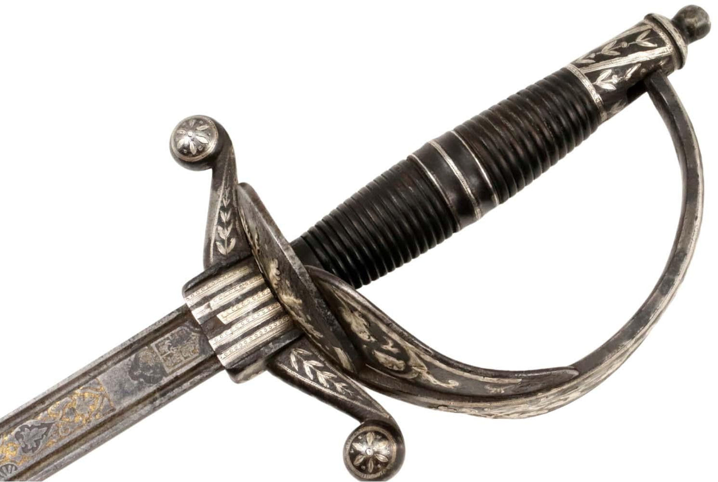 Spanish or Mexican 1880 Senior Officer's Sword with Ancestral 18th C. heavily silvered and gold overlaid Iron Hilt and Toledo Blade