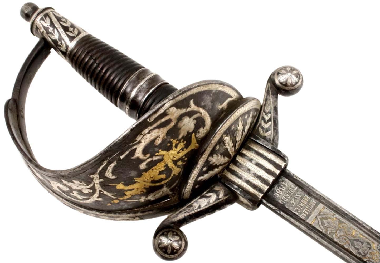 Spanish or Mexican 1880 Senior Officer's Sword with Ancestral 18th C. heavily silvered and gold overlaid Iron Hilt and Toledo Blade