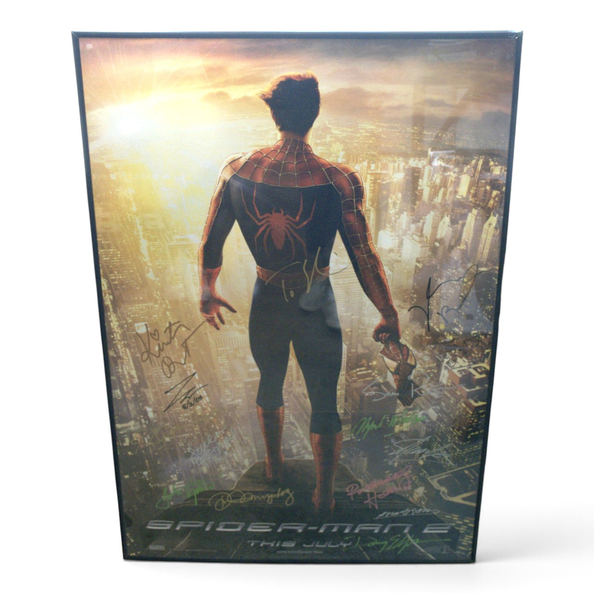 Spider-Man 2 (2004) Signed & Framed Poster – 12 Signatures with COA, Tobey Maguire, Kirsten Dunst, Bruce Campbell, Sam Raimi