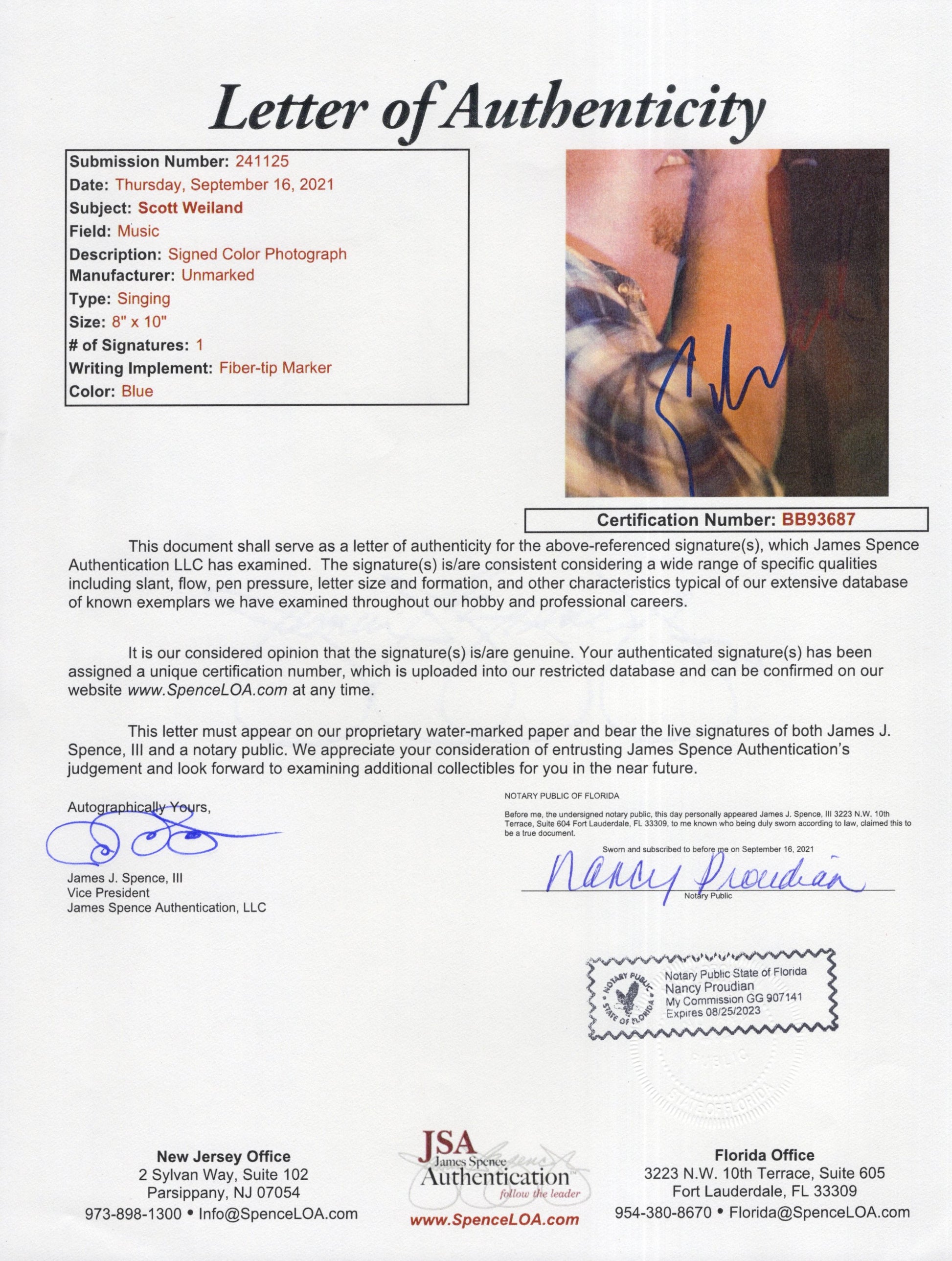 Stone Temple Pilots Scott Weiland Signed Photo 8x10, Scott Weiland Autograph, JSA Letter BB93687 and PSA Letter Double Certified