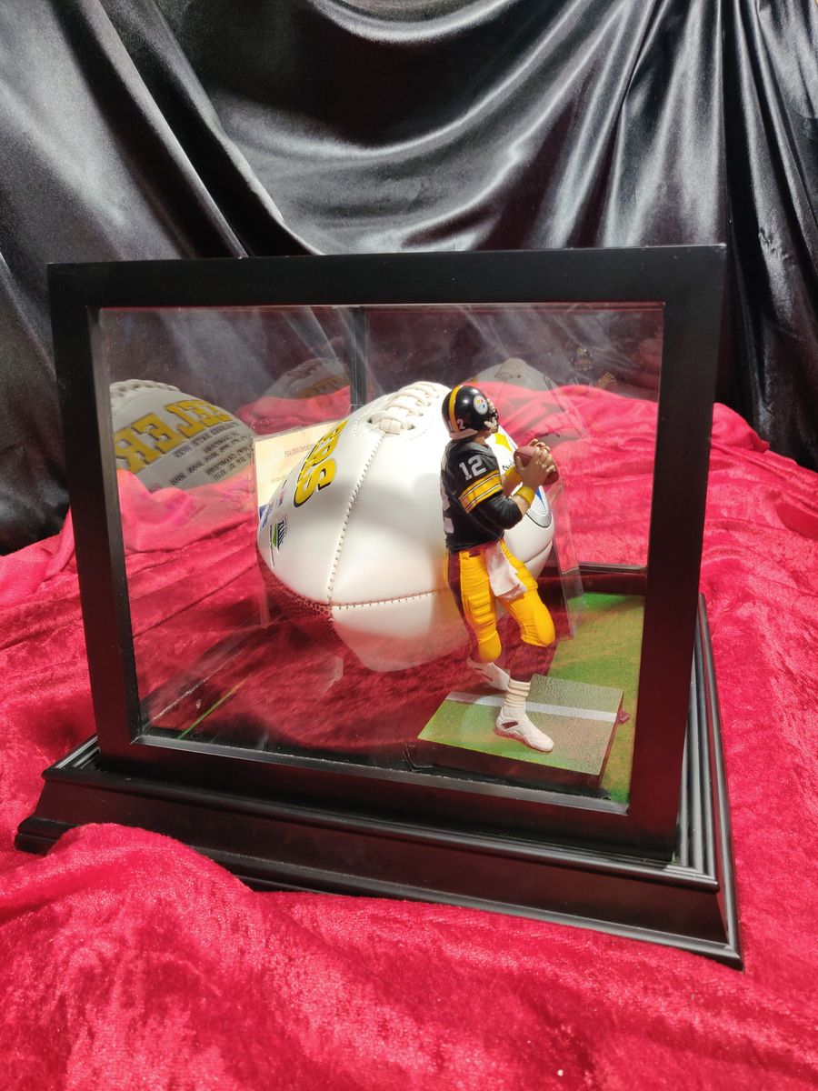 Terry Bradshaw Steelers Autographed Football Shadowbox with Card and Figure