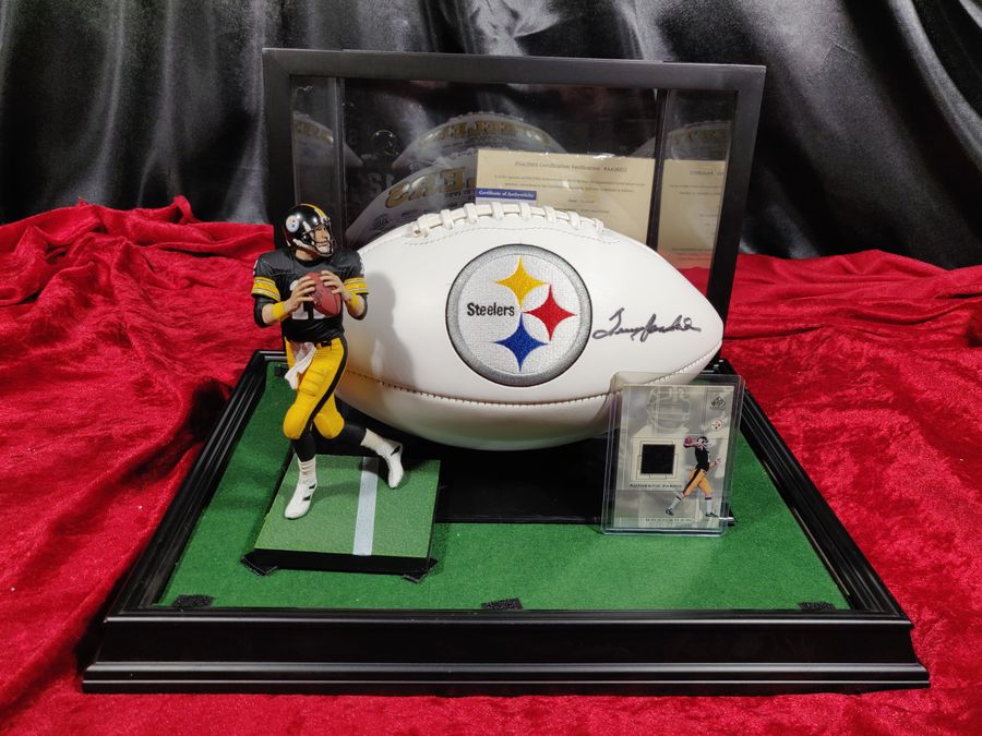 Terry Bradshaw Steelers Autographed Football Shadowbox with Card and Figure