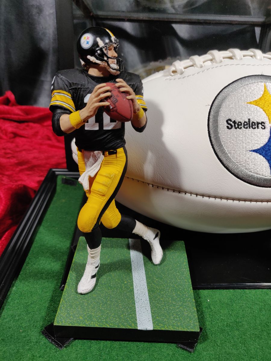 Terry Bradshaw Steelers Autographed Football Shadowbox with Card and Figure