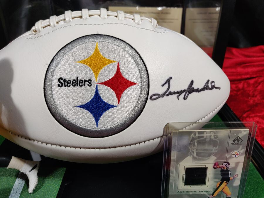 Terry Bradshaw Steelers Autographed Football Shadowbox with Card and Figure