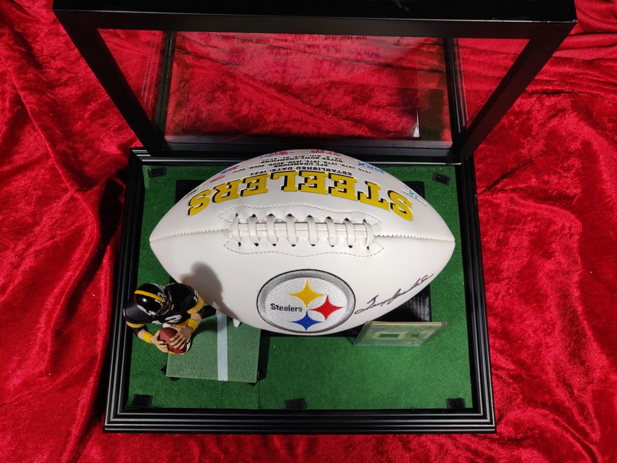 Terry Bradshaw Steelers Autographed Football Shadowbox with Card and Figure