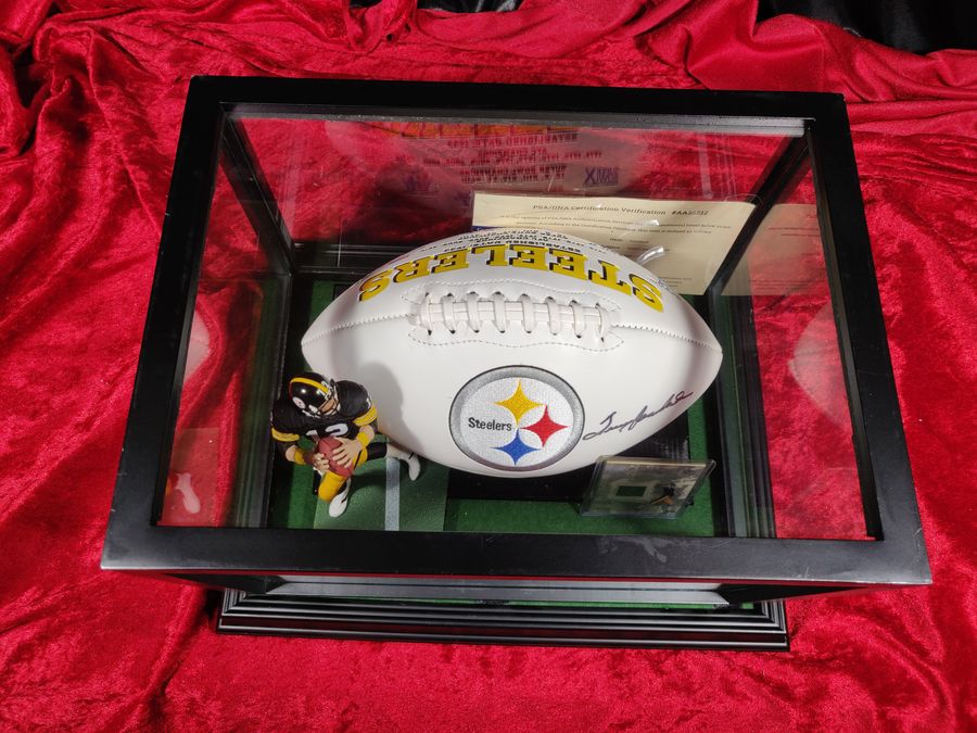 Terry Bradshaw Steelers Autographed Football Shadowbox with Card and Figure