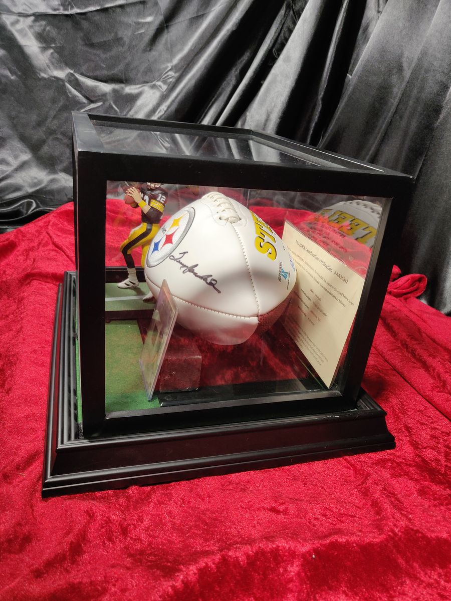 Terry Bradshaw Steelers Autographed Football Shadowbox with Card and Figure