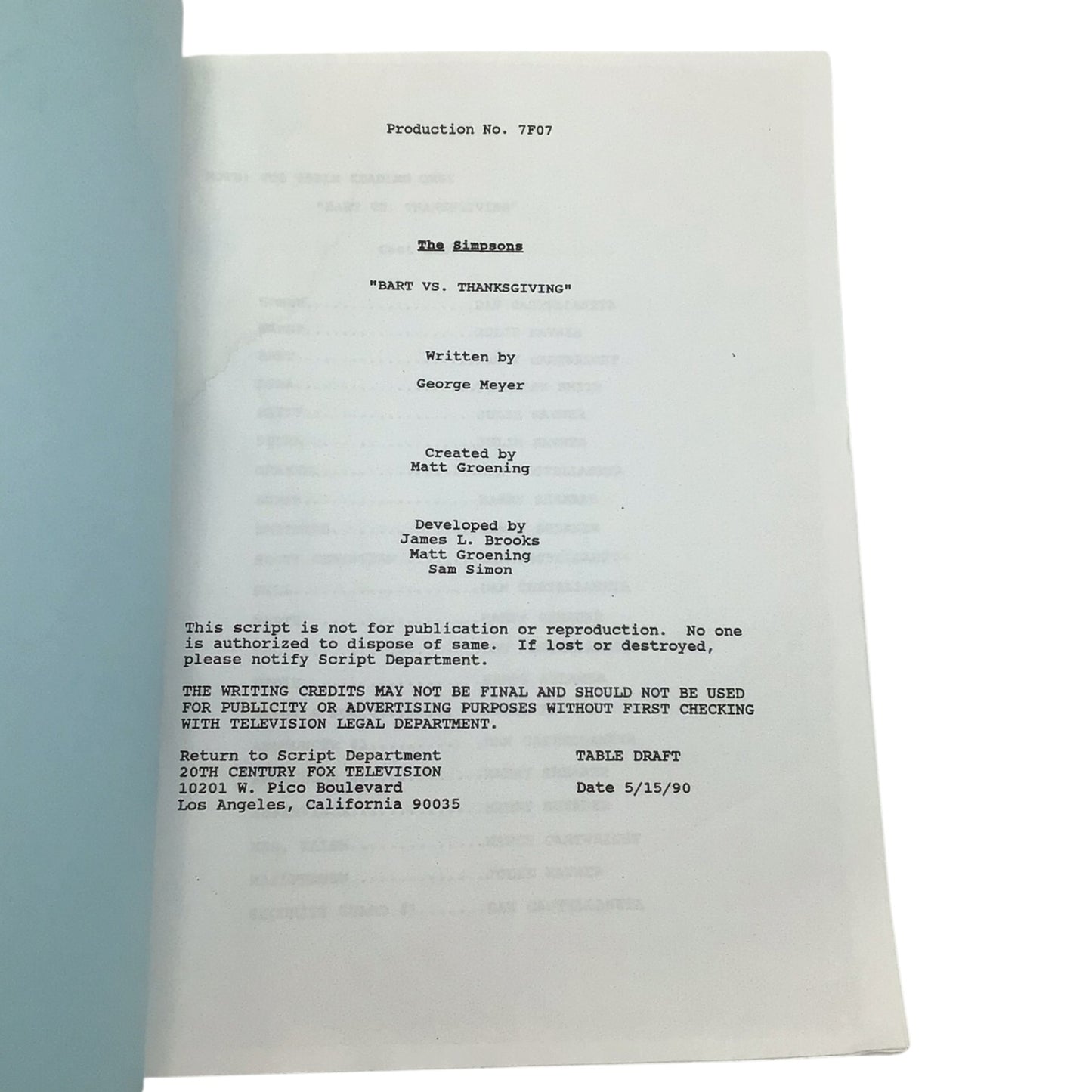 The Simpsons Production Script No.7F07 - Bart Vs. Thanksgiving