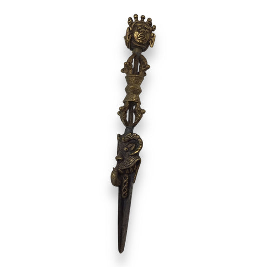 Tibetan Brass Phurba Ritual Dagger with Dharmapala Deities – Triple-Blade Vajra Form